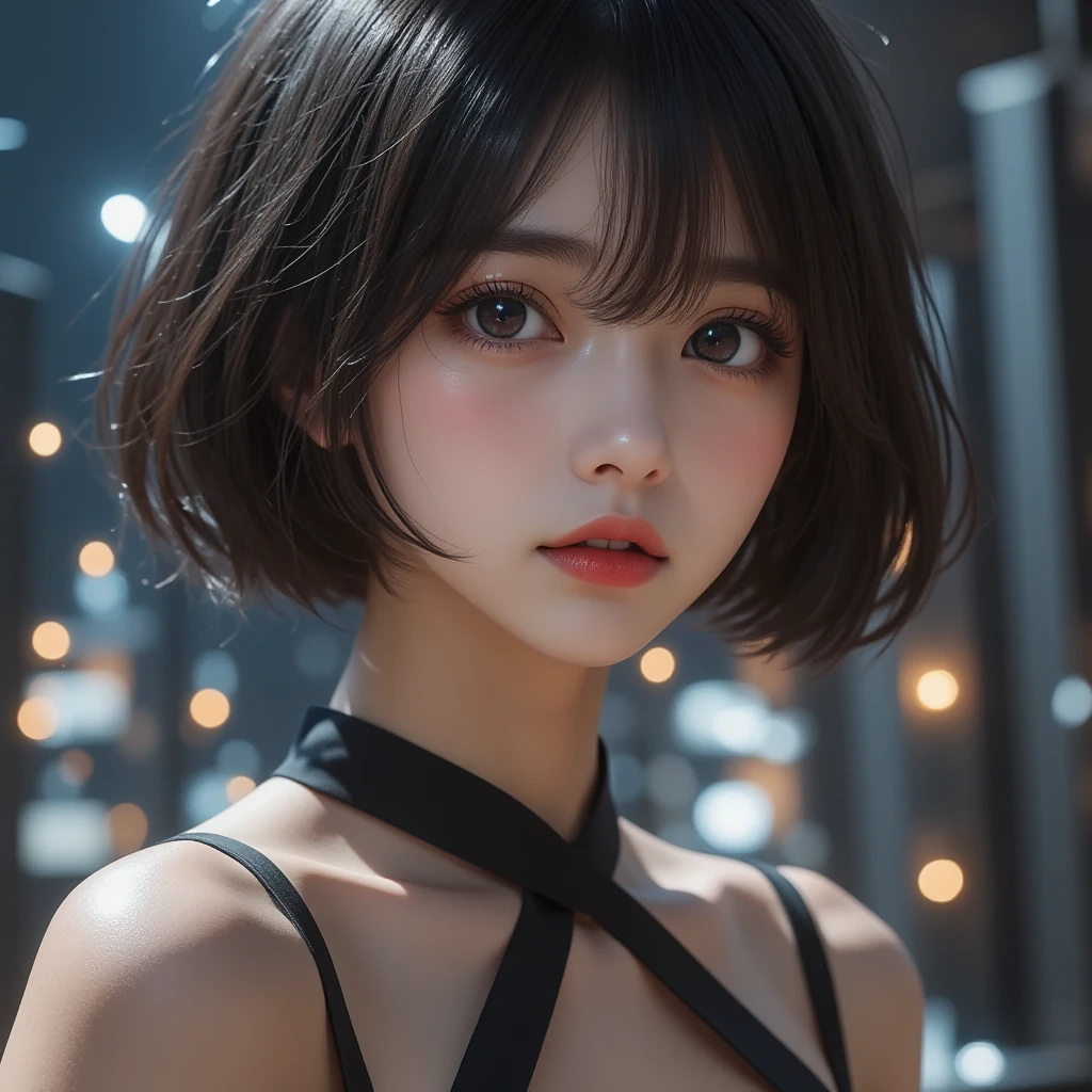 a  girl , short bob hair with bangs, black hair, 1 horn on left front fore head, dark theme, soothing tones, muted colors, high contrast, looking to the left, (natural skin texture, hyperrealism, soft light, sharp),red background, lost spirit background,