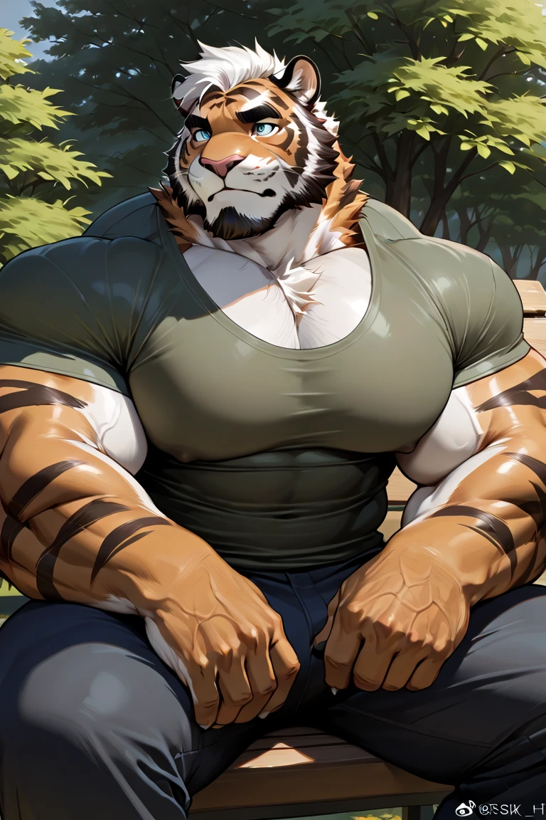 1boy, 1man, solo, a potrait (furry Tiger), selfie photo, camera frame, (face, detailed face, bearded, white beard, thick mustache), (glasses), Park, extremely huge muscular, massive muscular , sixpack , (topless, shirtless, shorts), well-muscled old man. ((extremely muscle size, super thick arms, huge pec, hyper pec, bigger chest, extremely wide pectoral , huge arms)), wide smiling. Add textures and details to make the image more realistic, such as the appearance of the. Make sure the resulting image is high resolution, 8K quality
