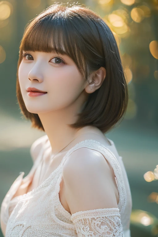 8K,Professional Lighting ,Aerial perspective ,超A high resolution ,(photographrealistic: 1.3) ,kawaii , (tits out:1.1) ,vivid flowers ,plain white bra,Detailed face ,bob cuts ,Cowboy Shot ,asymmetrical composition ,