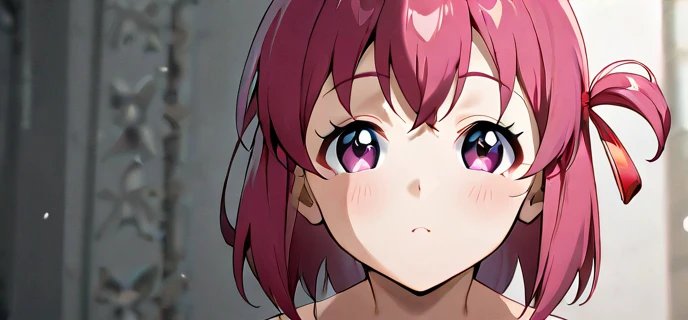 ((masutepiece, Best Quality, hight resolution, nffsw, Perfect Pixel, depth of fields, 4K, )), 1girl in, Solo, , Beautiful anime girl, Beautiful Art Style, close up, Looking at Viewer, Perfect body, Yuigahama Yui, Short hair, pink hair, hairbun, (large boob), blowing a kiss, blank white background, cowboy shot