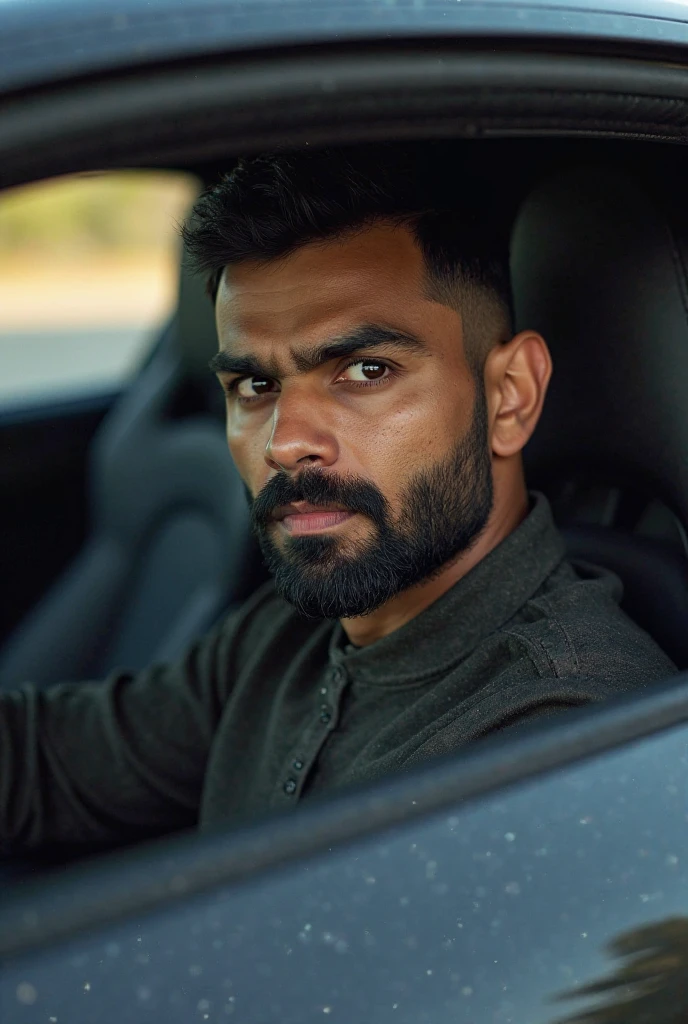 Naked guy latino hot muscular biting his lip pinching his right nipple, Indian city car drive, black shirt,