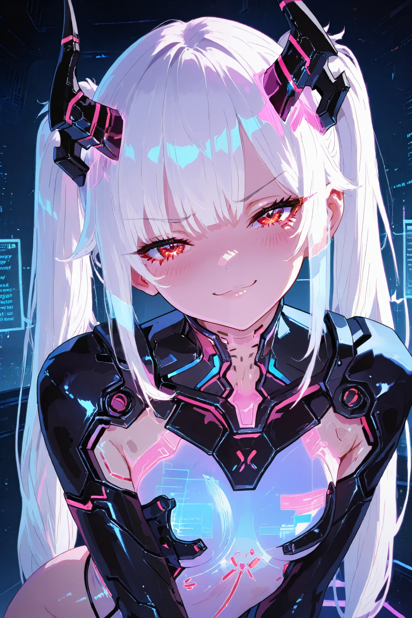 masterpiece, best quality, Detailed Eyes, girl, fantasy, twintail white hair, kawaii, tsundere, red eye, tiny and black horn, naughty, cutie face, semi realistic, pink neon accessories, black cyber suit, smile, solo charactor, cyberpunk background, hologram, looking at viewer, naugty, playful