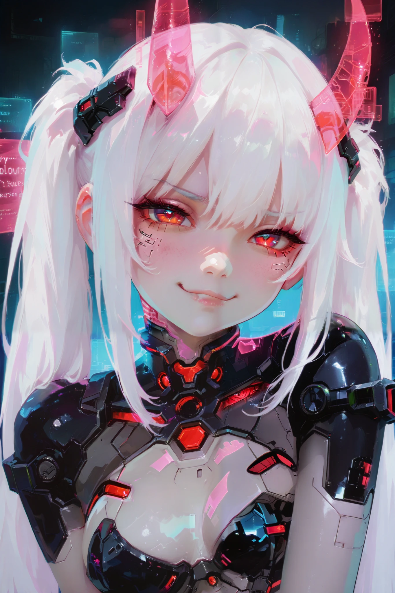 masterpiece, best quality, Detailed Eyes, girl, fantasy, twintail white hair, kawaii, tsundere, red eye, tiny and black horn, naughty, cutie face, semi realistic, pink neon accessories, black cyber suit, smile, solo charactor, cyberpunk background, hologram, looking at viewer, naugty, playful
