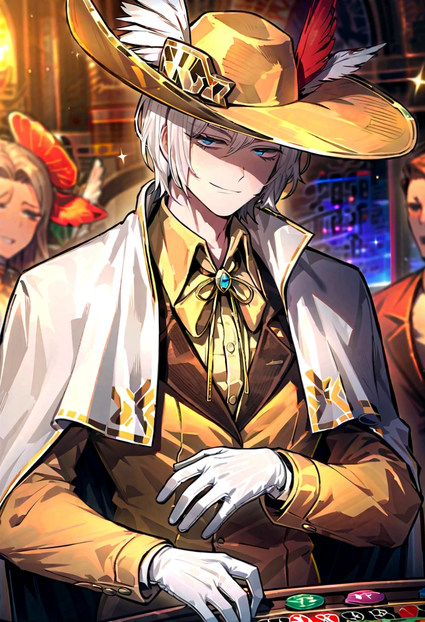 1male, white hair , gloves , (project moon\) , white and gold gloves , blue eyes , , white cape , shirt , hat , white and gold shirt , plume , short hair ,smug expression , collared shirt , solo focus , long sleeves , cape , indoors, casino, closed mouth , white and gold headwear , coat , multiple others , open mouth , smirking,