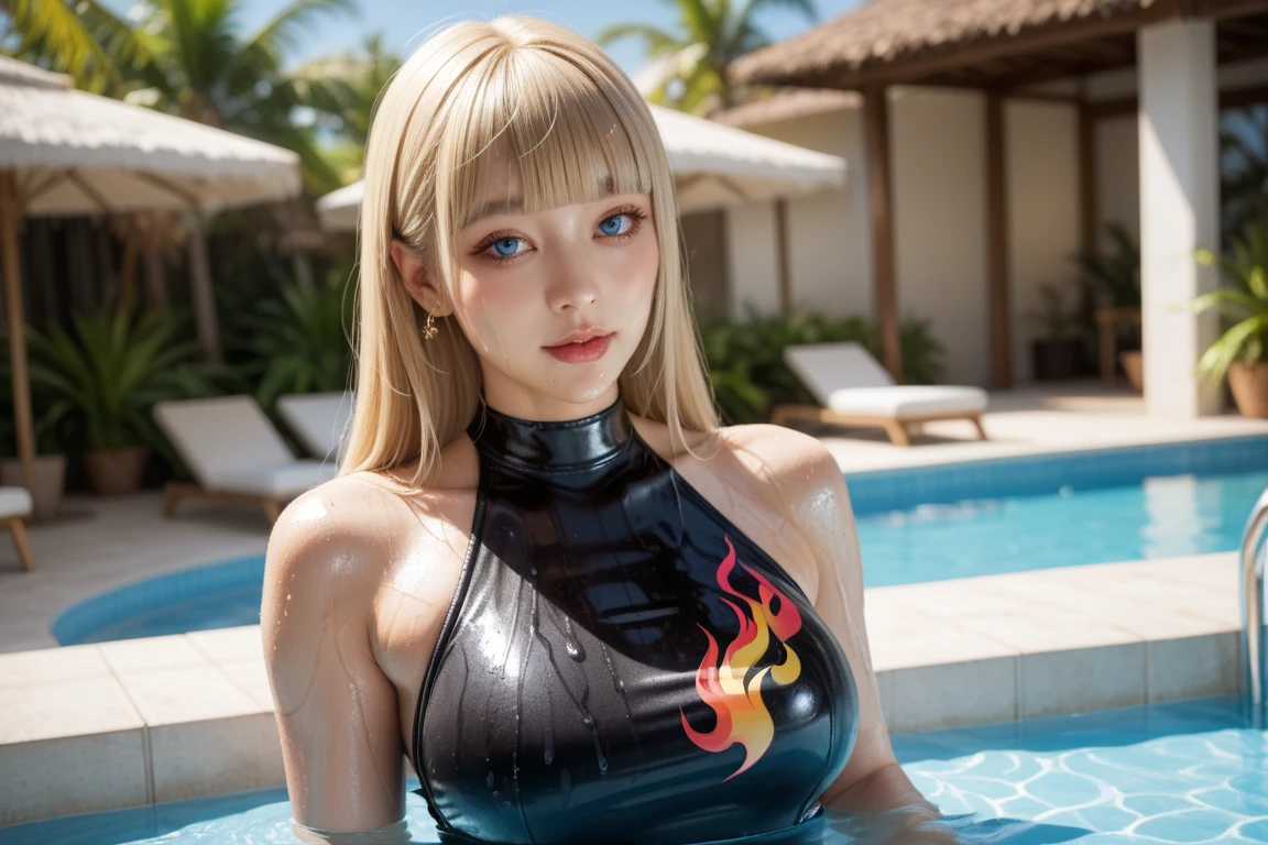 Sexy blonde girl, cute face, big boobs, blue eyes, wet hair, hair until shoulders. She wears a white t-shirt braless and a black triangle bikini bottom. The t-shirt has a round neck and short sleeves. The bikini bottom is a black triangle. The t-shirt is white. The girl is standing in a swimming pool until her knees, her t-shirt completely soaked, transparent fabric, clinging to her body. Photorealistic looking towards viewer. full body view.