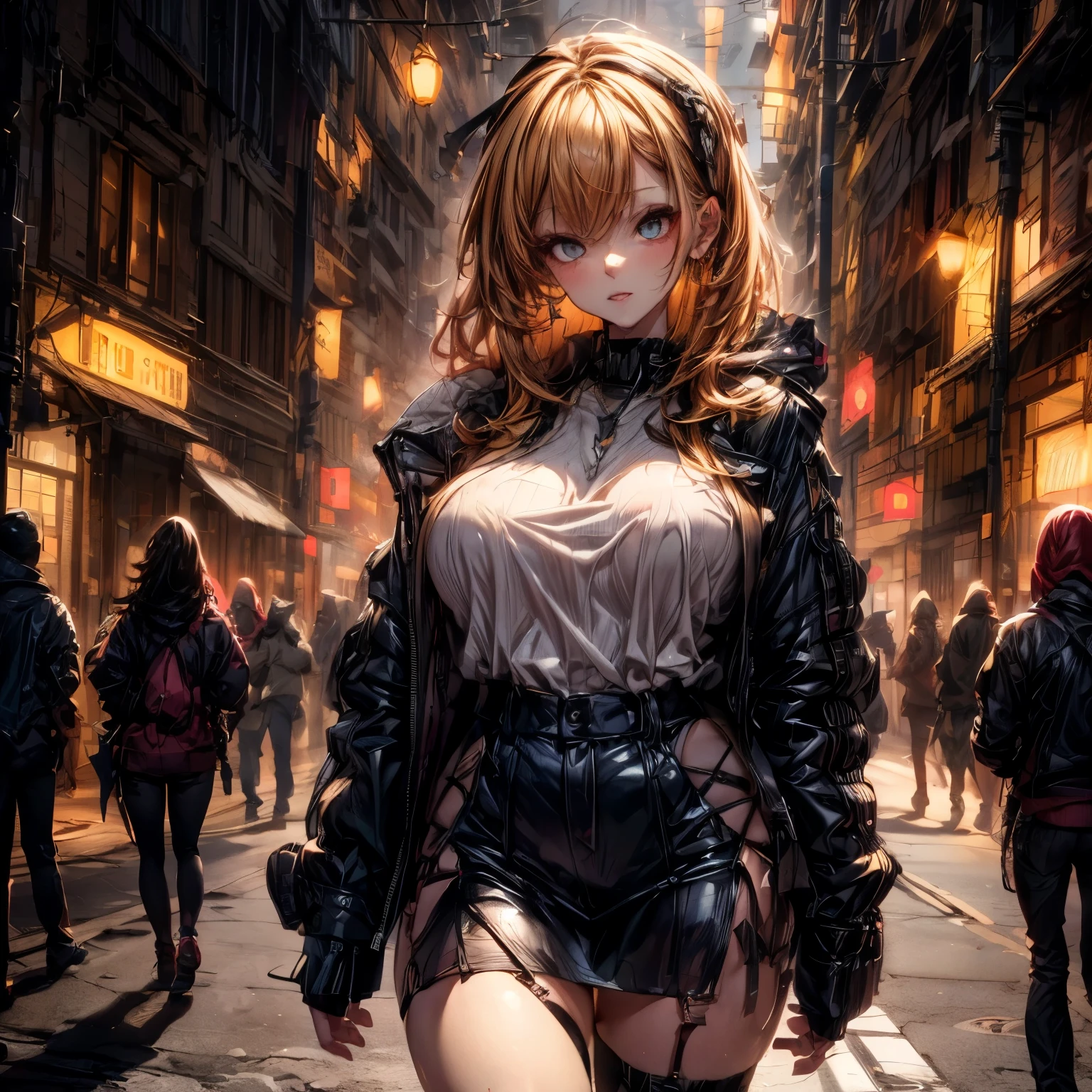 ((extreme quality)), ((Masterpiece)), ((Enrich the picture,Masterpiece level quality)), golden hair, long hair, very big breasts, golden eyes, fierce woman, ultra eyes details, RAW 4K, ( cinematic lighting, moody, textile shading), perfect proportions, ultra detailed, volumetric lighting, soft lighting, glossy skin, beautiful face, Special face details, strong emotions, elegant gesture, Detailed facial features, Long eyelashes, contrast, Incredible atmosphere, Fascinating setting, Haunting beauty , street fashion, mini black skirt, mini t-shirt, mini jacket,