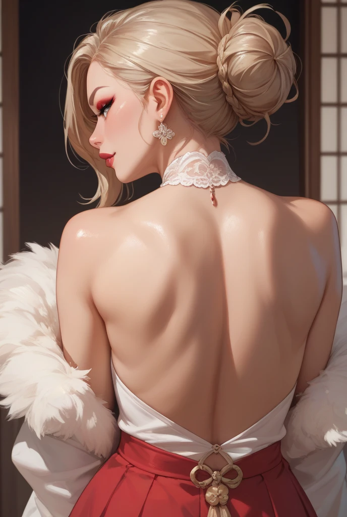 (masterpiece, best quality:1.2), solo, 1girl, blackmaria, lipstick, smile, looking back, hair stick, hair flower, horns, v-shaped eyebrows, earrings, bare shoulders an extremely beautiful woman with transparent white wedding dress, her body is sculptural and magnificent,