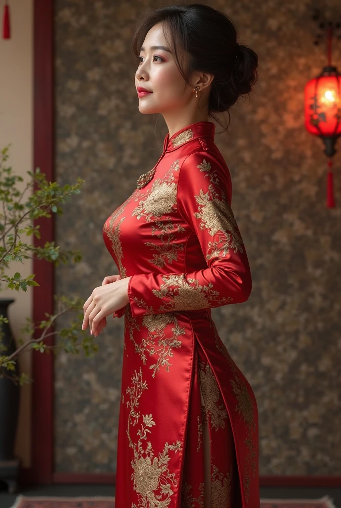 a woman, Cheongsam, Stuffed collar, garment with deep horizontal slits, gold embroidery on red fabric,