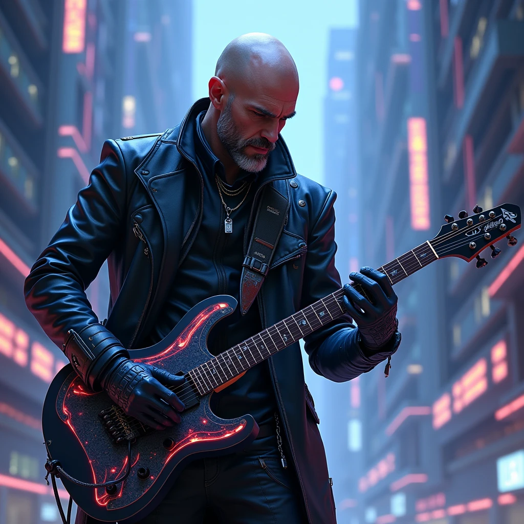 a bald guy with a guitar in his hand, in a cyberpunk world too in a too stylish guitarist pose