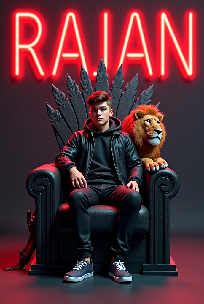 Create a 3D illustration for a profile picture where a 2 smart boy in a black jacket sitting casually on a King of Beasts Throne chair. With a rifle on hand. And a ferocious Lion by my side. Wearing sneakersm He looks ahead. The Background features "NABIN  " in big and capital red neon light fonts on the dark grey wall. There should not be his shadow, and there are wings to make it appear as if he is an angel.
