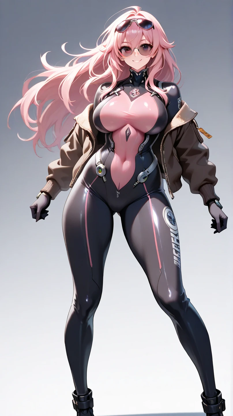 grey background, solo, 1 girl, bodysuit with straps, very long hair, pink hair, angry, brown eyes, earrings ((hanging breasts: 1.6)), ((thick thighs)), (full body), dark skin