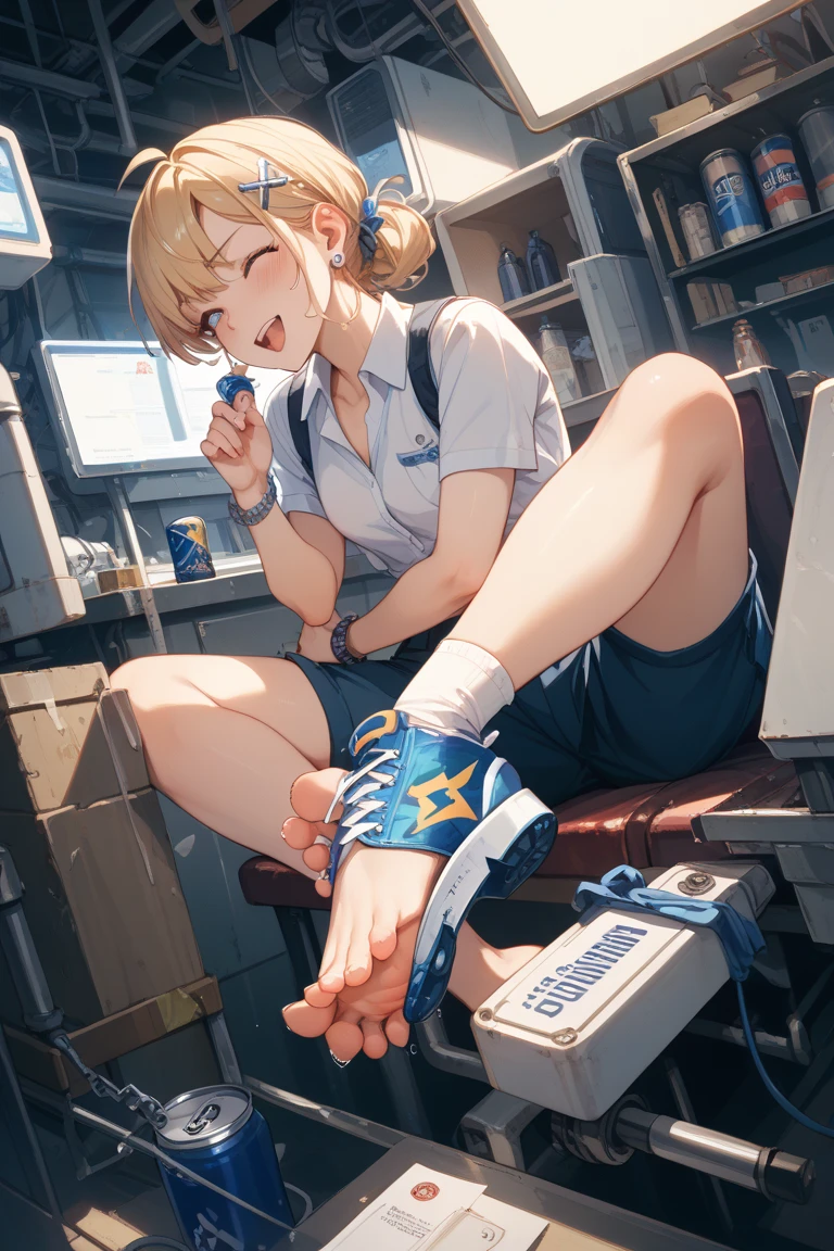 Three inch tall punk girl sitting in the middle of a college desk, excited, blushing, crop top, shorts, sneakers, curvy, from above