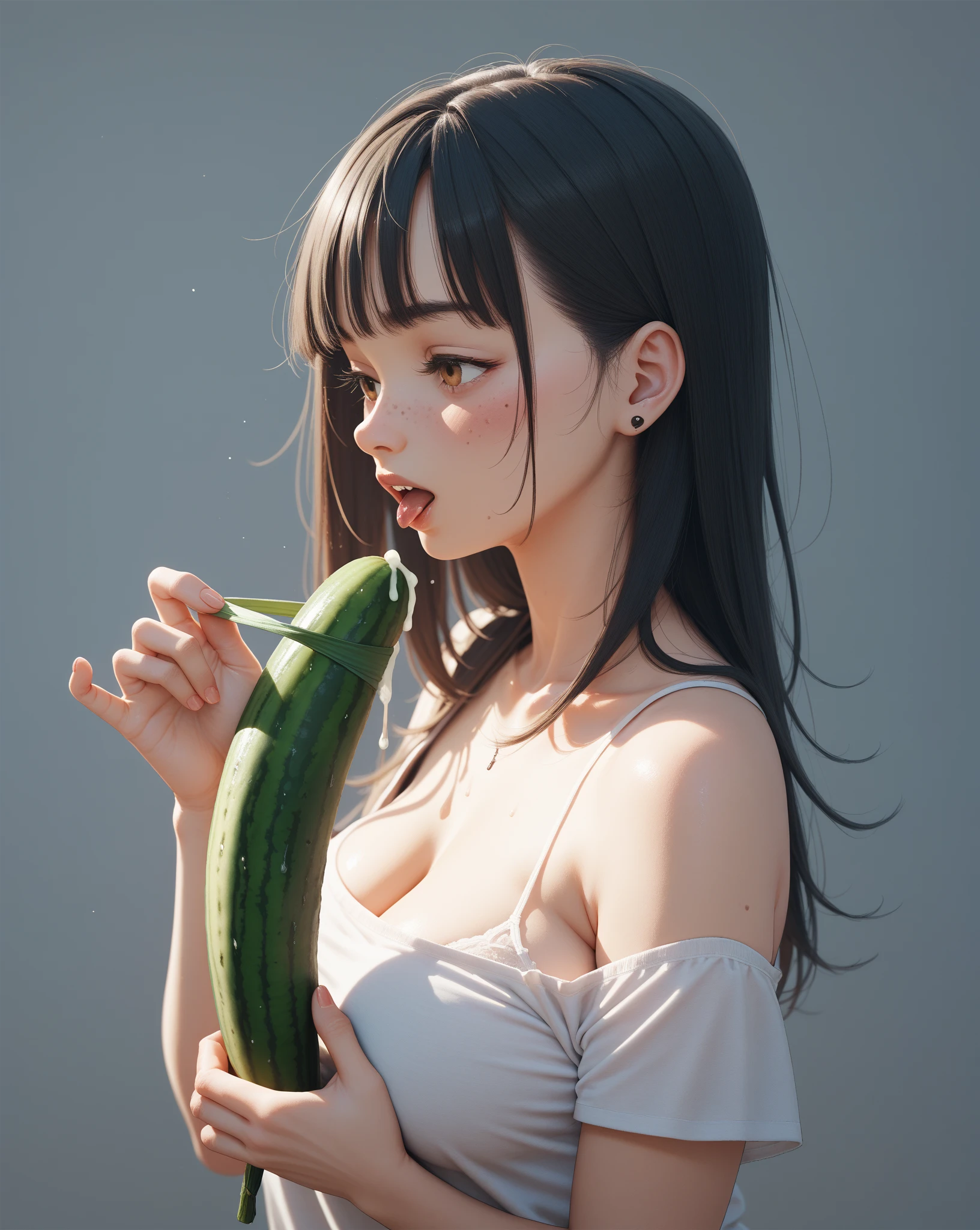 masterpiece、Highest quality、Ultra-realistic、Ultra-high resolution、8k、RAW Photos、Textured skin、One girl in Nogizaka、(、Medium Bob Hair、bangs、Black Hair、Floating Hair、slim、Delicate body、skinny、A sloppy smile、Embarrassing、blush:1.2)、(White embroidered underwear top and bottom、String Bikini:1.5)、Her white woolen cardigan is exposed.、Standing in the kitchen、Eating cucumbers、(Fluorescent lamp、dim、Backlight、Flare、Film Grain、Cowboy Shot、profile、that'blurred、Super Long Shot、Ultra Wide Angle、Sigma 85mm F/1.4)、Find