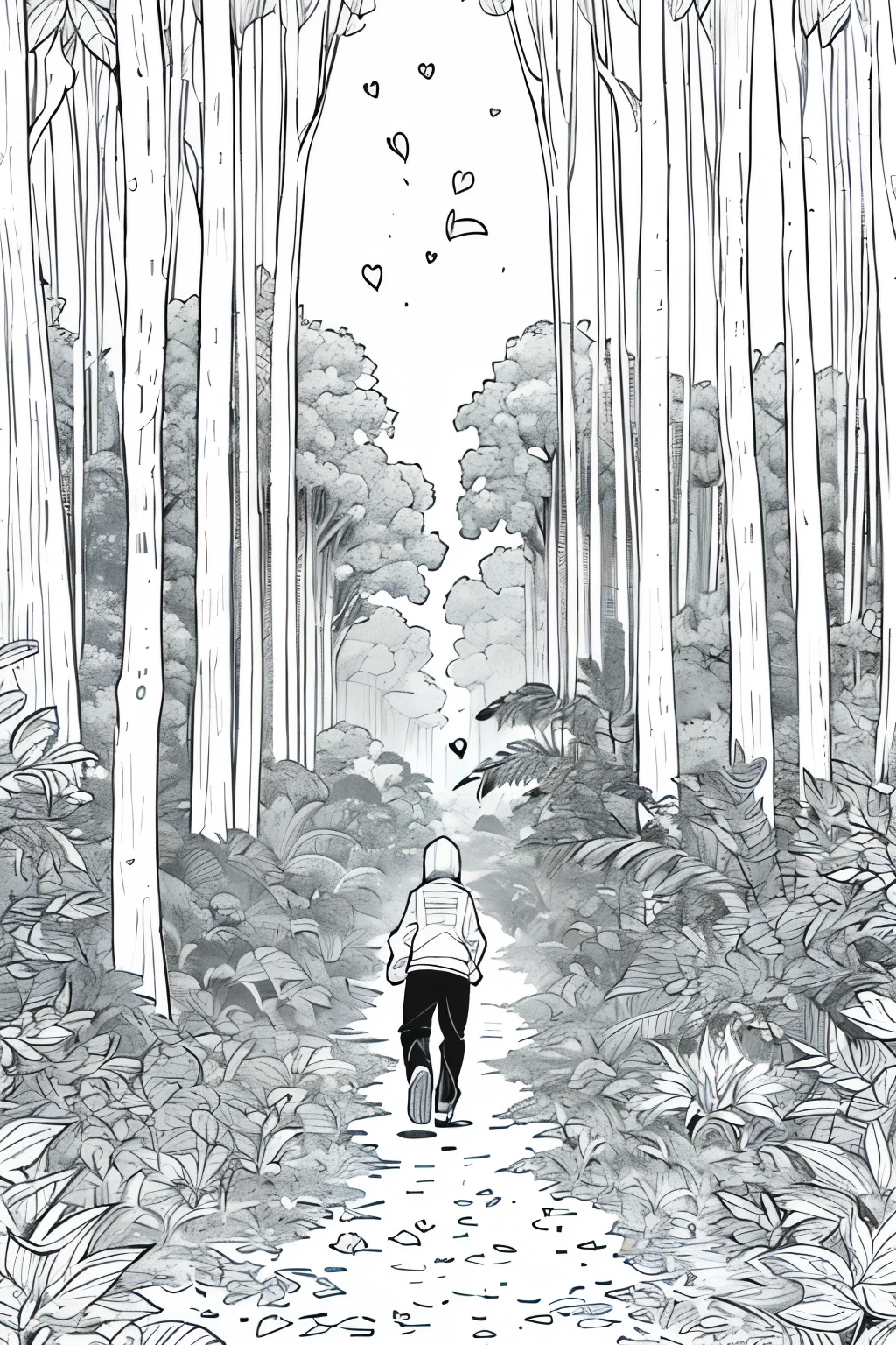 As a coloring book, the colors are black and white, the borders are simple, there is more white space, official art, wallpaper, masterpiece, top quality, crayon texture, highly detailed, lovely, soft touches, ren's picture book style illustrations, (drawings). ((Budori, his heart pounding with fear and desperation, races through the dense forest, his small legs churning as he tries to keep pace with the retreating figure of the napper. Neri's heart-wrenching cries echo through the trees, each one a painful reminder of the impending separation. The napper, a shadowy figure with a determined stride, clutches Neri tightly, his form gradually)) Please change the person to a girl