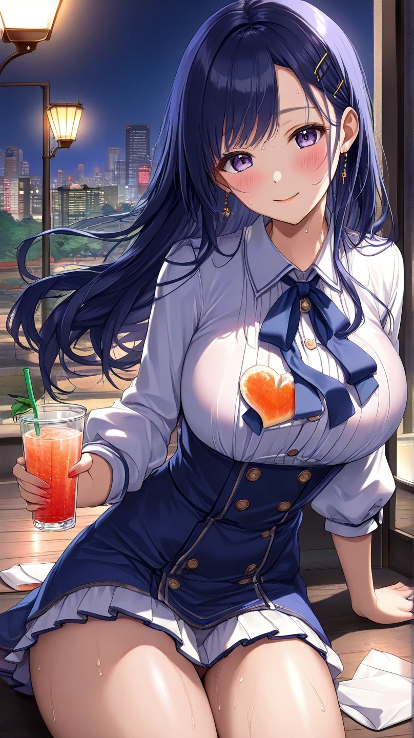 1 girl, Minamoto no Raiko \(fate\), fate/great order, Masterpiece, Best quality, newest, Ideal Anatomy, detailed,, slender body, , detailed eyes, Perfect eyes ||||| ||||| from the nanny,||||| ||||| ,, school outfit, School skirt,school bag,, stockings, sit,Charming hips, One, purple eyes,, coffee, we're on a date, , table, Drinks,