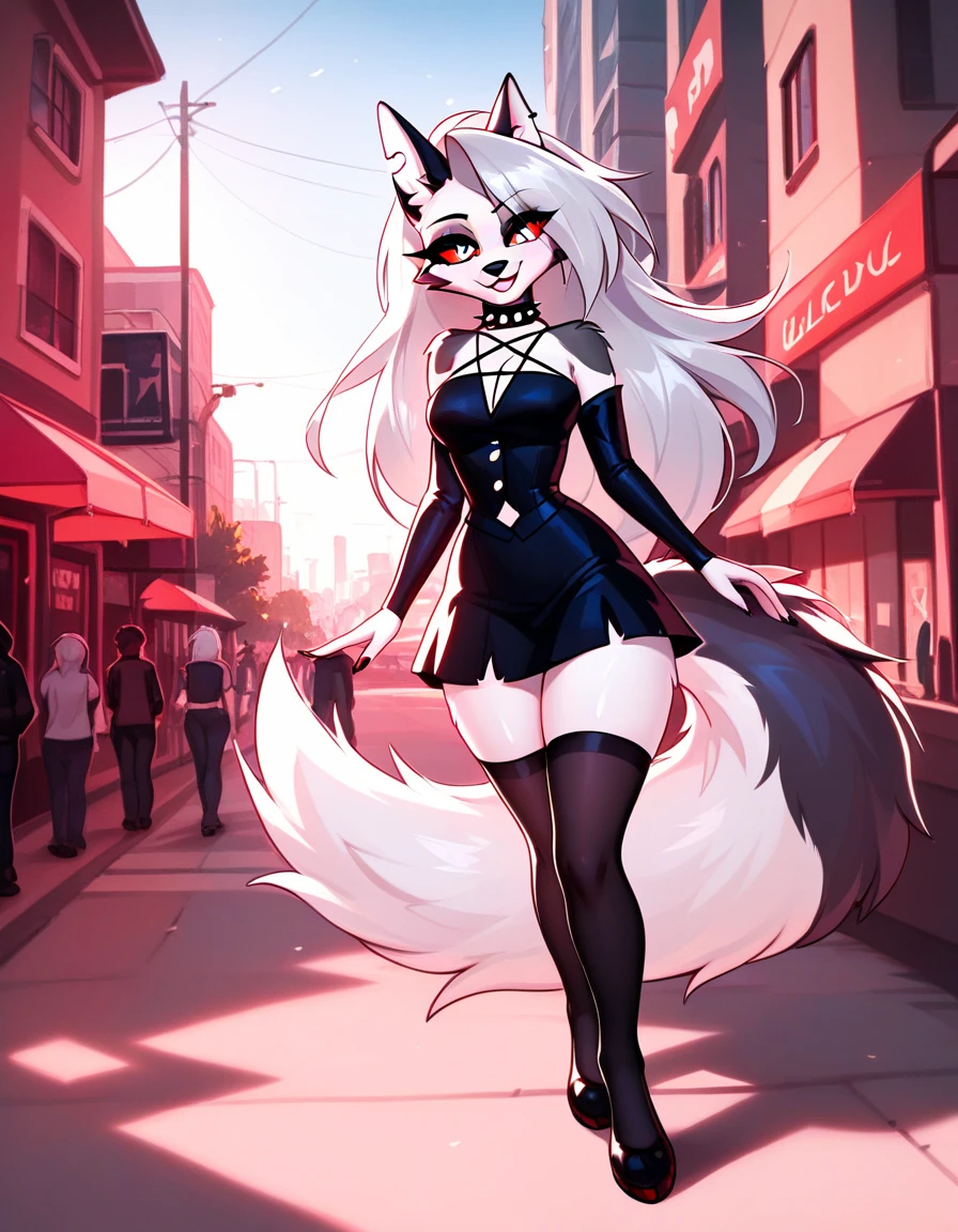 Skunk, Furry ,black fur, large black eyes,Sexy, white front hair, long white hair, (((tight red dress))), (very big breasts)), (walking down city street), cute cartoony style