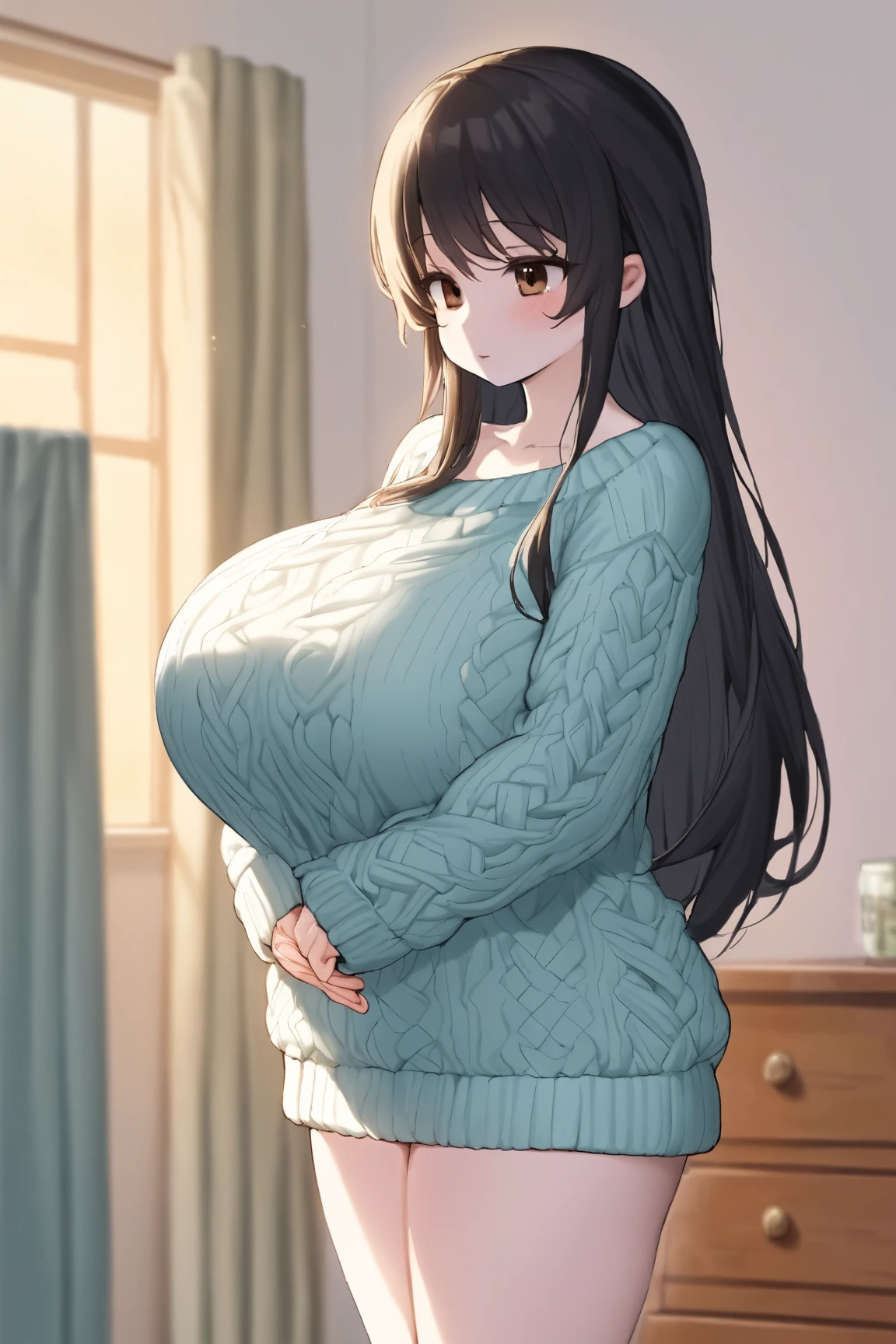 (Highest quality、Masterpiece、Very detailed、4K)、One woman、Big Breasts、18-year-old、sweater、(stand)、Thighs