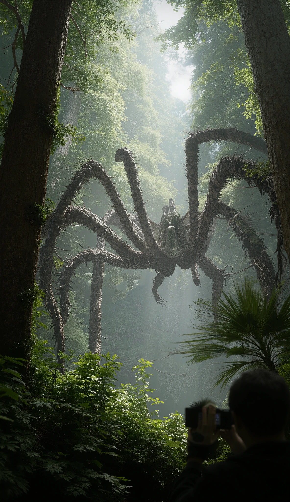 The camera looks up in a dense forest as a giant tall spider crawling over people's heads、 8K resolution on the front、 Realistic Textures 、cinematic lighting、depth of field。