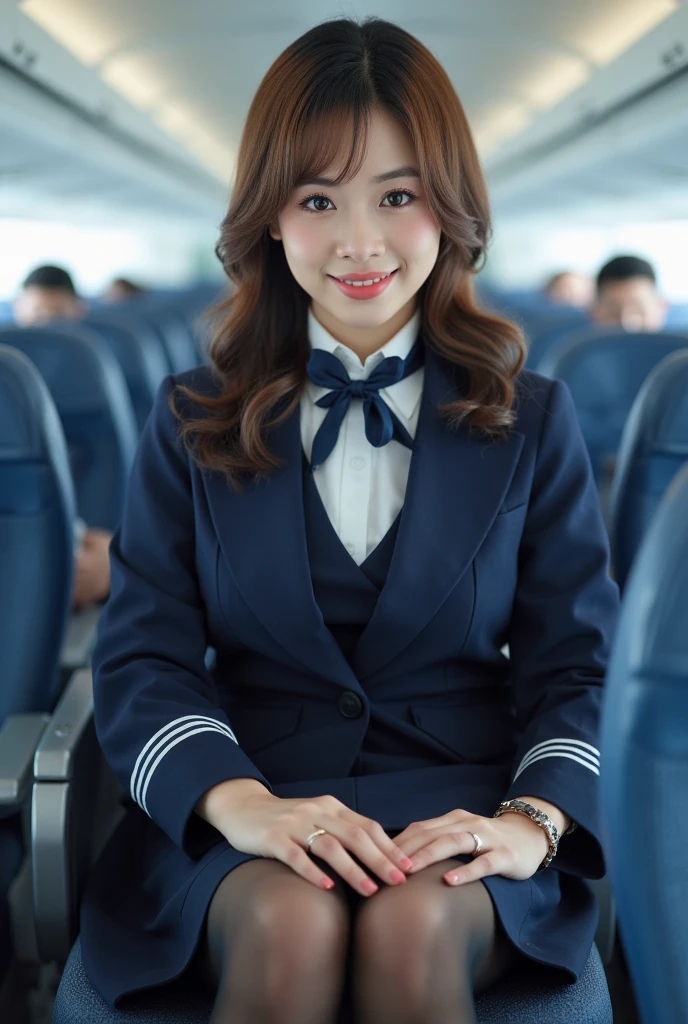 (8K, best quality, masterpiece:1.2), (realistic, photo-realistic:1.37), (high color saturation:1.0), (highly detailed skin), (highest quality:1.0), (ultra high resolution:1.0) ,(realistic:1.0), (Super detailed:1.0), (8K, Raw photo:1.1)、standing random pose, smiling, natural breast, perfect lighting, 3girls, 24years old, (mysterious), clear and detailed, ((ANA_Cabin Crew, blue flight attendant_uniform)), beige pantyhose, (aircraft, aircraft seats), cute face, squat , (pick up handkerchief),