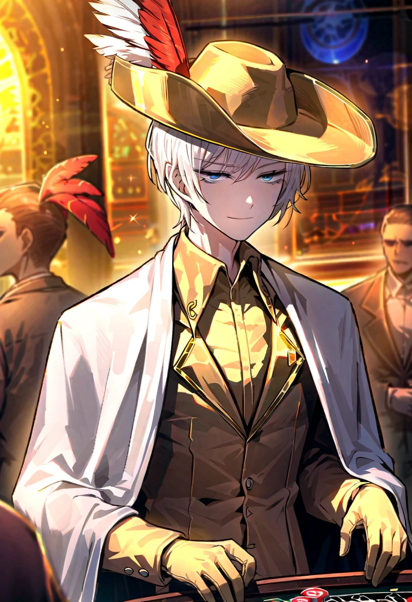 1male,,skinny, white hair , gloves , (project moon\) , white and gold gloves , blue eyes , , white cape , shirt , hat , white and gold shirt , plume , short hair ,smug expression , collared shirt , solo focus , long sleeves , cape , indoors, casino, closed mouth , white and gold headwear , coat , multiple others , open mouth , smirking,