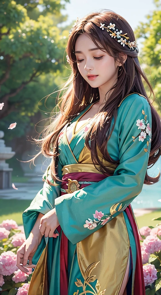 One girl, alone, From above, (White lily flower), beautiful, Complex, Highest quality, Detailed Background, Sayaka Miki, ((girl wearing a patterned teal kimono:1.2)), (Walking through a Zen garden),  カジュアルなPause, Detailed Texture, Pause, fローラl print, Hair Flower, hair ornaments, kimono, kimono, heart, Outdoor, Pagoda, petal, (teal kimono), sash, shrine, null, Stone stairs, torii, Wide sleeves, yukata 、Sexy proportions、Narrow waist、Erotic female body、Black Hair、Inner color of silver hair((colored inner hair))、Silver accessories on the wrist、Realistic shaped breasts（Hanging down due to gravity)Nipple swelling emphasis、smile