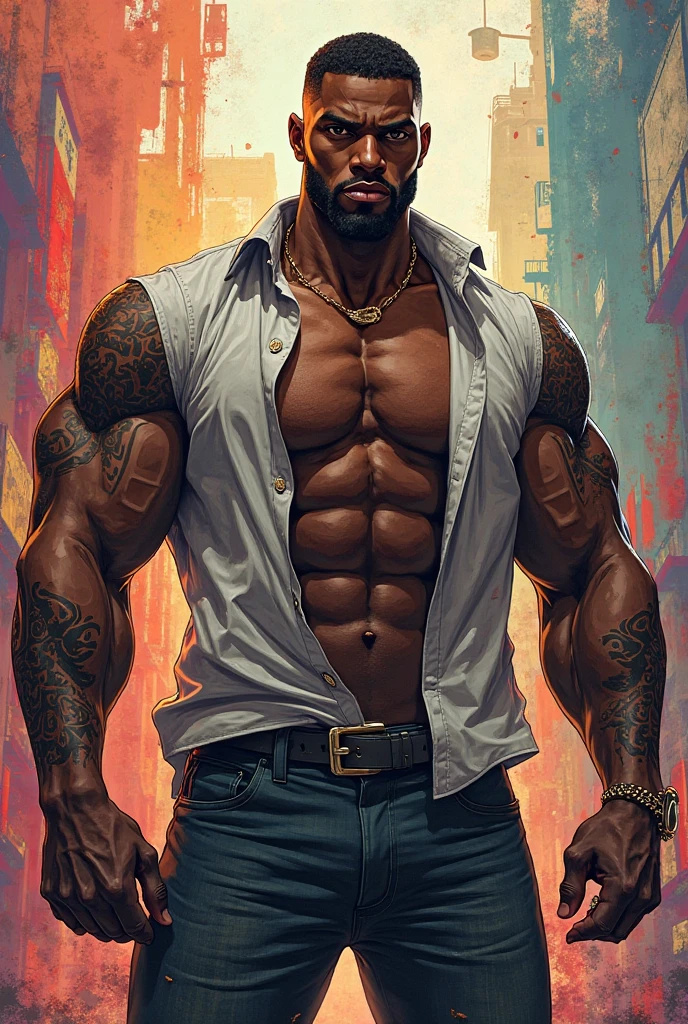 masterpiece, handsome black guy, tattooed chest, tattooed arms, dark skin, clear face and eyes, best quality, muscular, bara, mature male,shirtless,full lips,skin head bald, large pectorals,tattooed neck and sleeve, huge arms and hands,wearing white jeans,thick eyebrows,white background