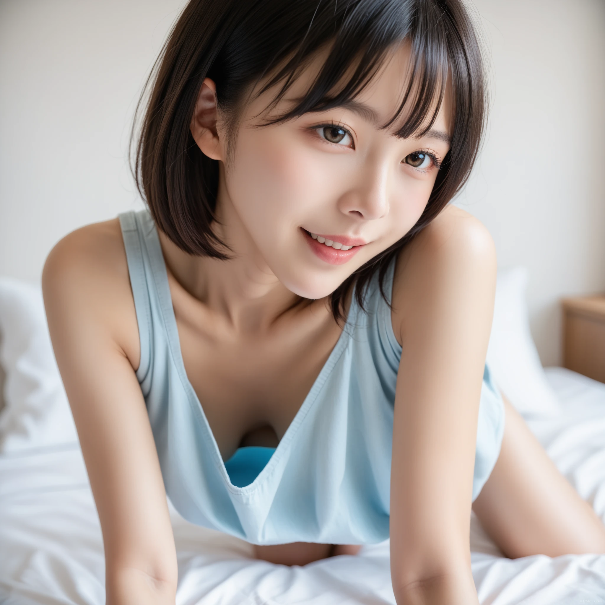 (High resolution:1.3), (16k, Photorealistic, Raw photo, Best image quality: 1.4), Japanese, (One Girl), (Black-haired、short hair:1.3), Beautiful Hairstyles, (Realistic Skin), Beautiful skins, attractive, 超A high resolution, Surreal, High detail, Golden Ratio, Highly detailed cute girl,(20-year-old), Lying in bed, (smile:1.8), (Open your mouth 1.5)