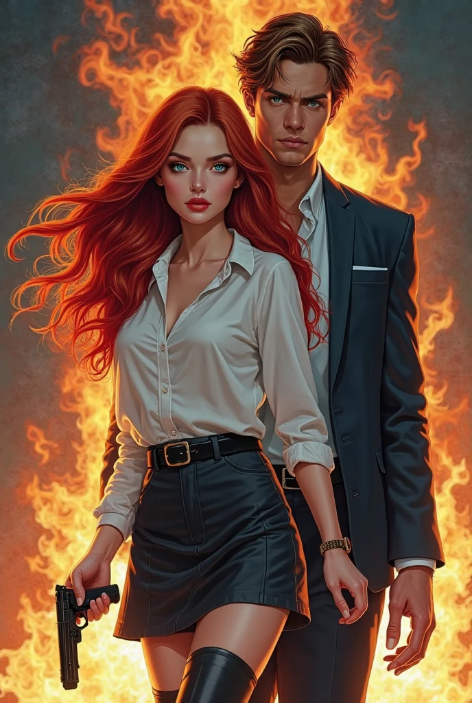 Make me a cover whose title says "flames of desire" and have a red-haired woman, hazel eyes, medium complexion, This protagonist gets married and ends up with the villain, She's a bit shy but she's social, She's beautiful and has freckles, Her skin tone is pale, She is wearing a black dress and white flowers.. Also make a man next to her with black hair, blue eyes, Cold look, pale skin color, Somewhat envious but antisocial, he has a black suit, Make another man with brown hair, Brown eyes, happy look, Social and he's the woman's husband, the protagonist. digital illustration of animated book character