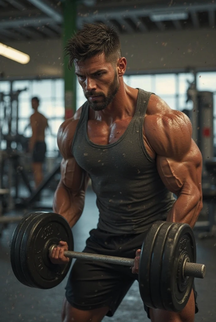 a very handsome, robust man with Mid fade haircut, massively muscular, with massively large muscles, with massively large and muscular arms, shoulders and biceps, with massively large body, shirtless, taking a shower in a bathroom, seen up close