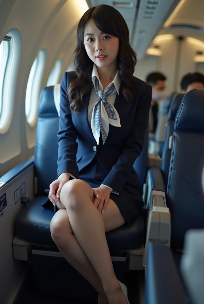 highest quality、8k、best image quality、Award-winning work), two beautiful women、radiant beautiful skin , masterpiece、top-quality、The ultra -The high-definition、depth of fields、lens flare 2 girls、、brown hair, watching at viewers glares, large breasts , stewardess uniform, (ivory stewardess blazer:1.3), shirt, short ivory skirt, (blue ysl high heels), perfect legs, model pose, view from below, smiling , flight cabin,