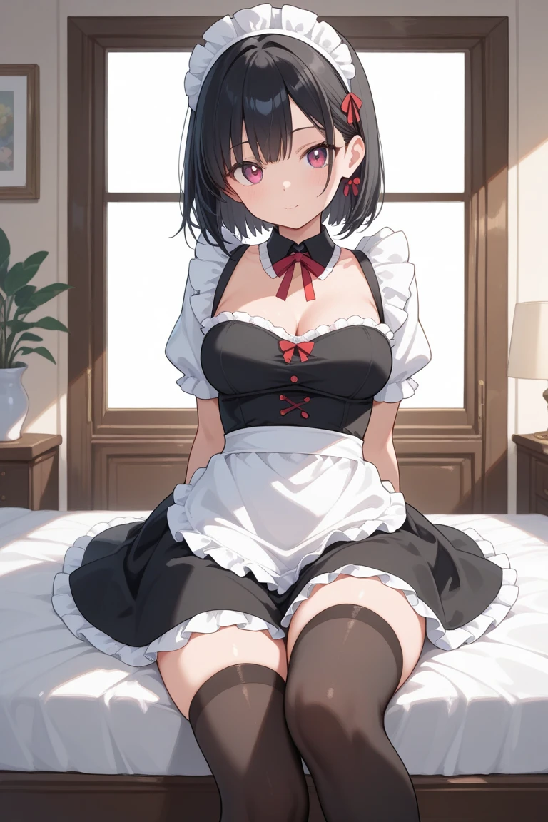 ((最high quality, High resolution, unity 8k wallpaper)), (figure:0.8), (Beautiful eyes:1.6), Highly detailed CG, Night Time, One girl, Black Hair, Large Breasts, hotel, Clear skin, (Hollow Eyes),(masterpiece), wallpaper,high resolution,(窓から夜景が見えるhotel),Intricate details, beautiful, sexly, erotic, Obscene, Noise Reduction,sensuous,Seductive pose,Cute anime face,Dog collar,high quality,Anime Style,sexuell,Shiny Hair,Expressionless,(ラブhotel:1.3,Love bed,On the bed, on all fours:1.7),Bring out cleavage,Emotionless face like a mannequin,Slightly open the mouth,Medium Short Hair,(((Black maid outfit:1.4))),Cat ear accessories,sensuous,,come ,Give me a hug,Sticking out tongue,