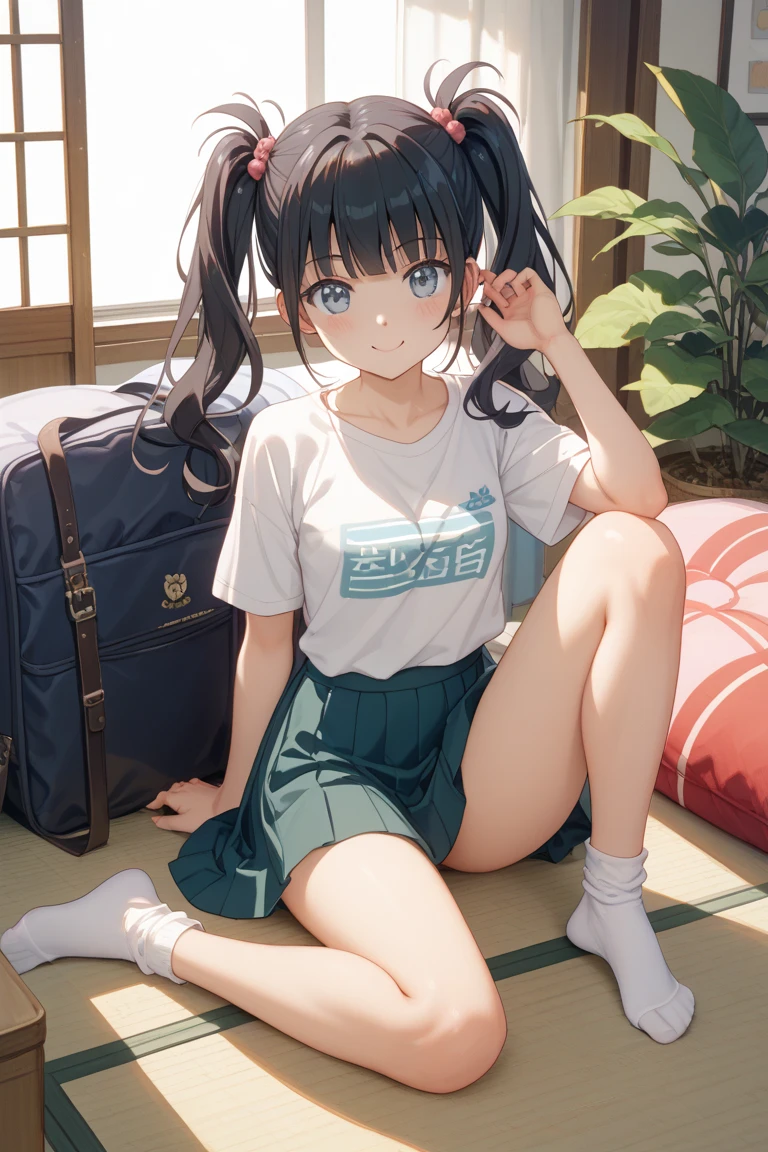 masterpiece, ultra quality, ultra sharp, ultra detailed, 1girl, solo, (((good anatomy))), haduki kurumi, (tattered torn dripping wet white gym shirt), navy gym pants, animal ears, randoseru, name tag, Japanese anime pose, laugh, BurumaShorts, Buruma, Gym Uniform, (((lying:1.4, spread_legs, legspread, split_legs, spreading legs)), (randoseru backpack:1.4), (smirk smile), buruma, blue buruma, black buruma, (cameltoe), (tattered torn short sleeve white gym uniform with colored hem), (tiny nipples), (white long loose socks), strong lighting, legspread, bukkake, cum on clothes, cum on legs, cum on buruma, cum on bloomers,