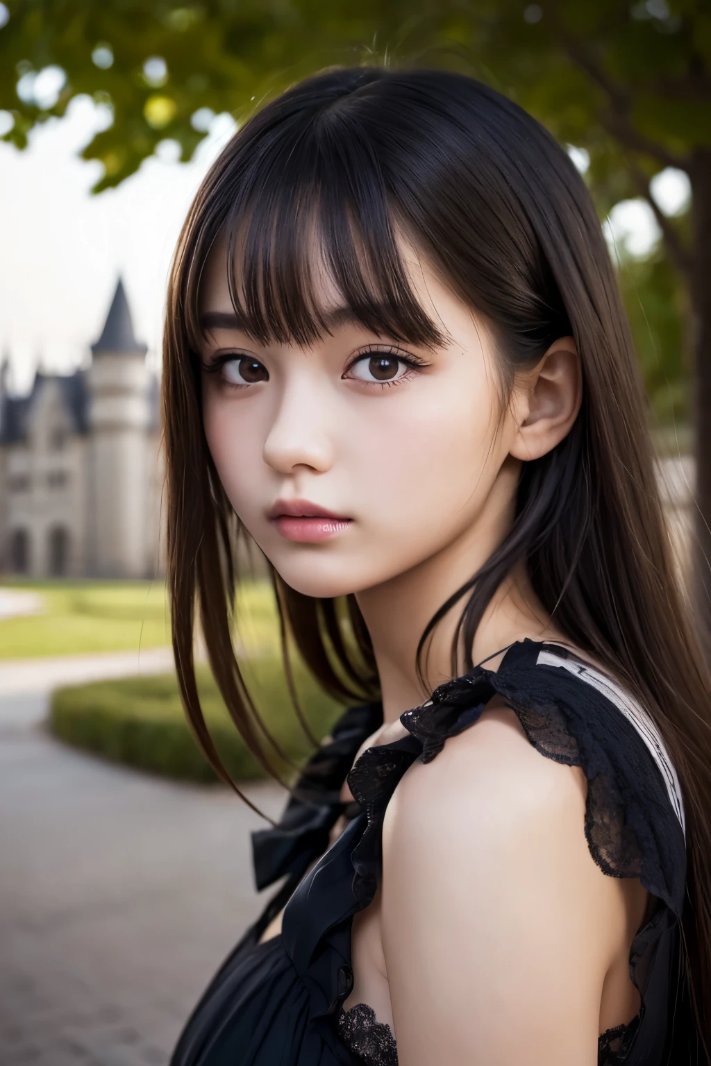 masterpiece, best quality, finely detail, hight resolution, Beautiful detailed eyes, Natural Lip, girl, an exquisitely detailed and beautiful face and eyes and skin, raw photo, young face, cute, slender body, parted bangs, high school student, castle, black gothic ta