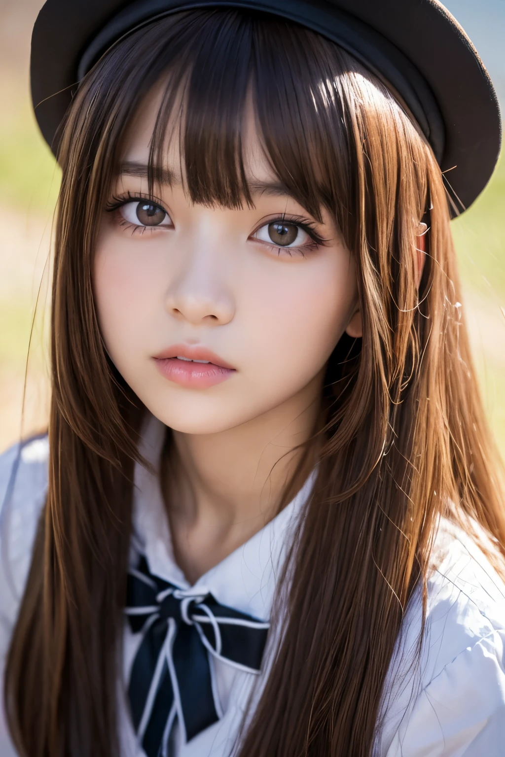 masterpiece, best quality, finely detail, hight resolution, Beautiful detailed eyes, Natural Lip, girl, an exquisitely detailed and beautiful face and eyes and skin, raw photo, young face, cute, slender body, parted bangs, high school student, castle, black gothic ta