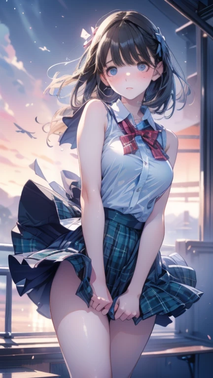 1woman,dark brown hair,Long wavy hair、uma mulher de 20 anos、((Impatient expression)),Beautiful Medium Large、white shirt,navy blue pleated mini skirt,well styled,,(facing the front)(((blush cheeks、embarrassed expression)),(((The skirt is rolled up by the wind)))、(pink lace panties)、((facing backwards))、((Visible buttocks))