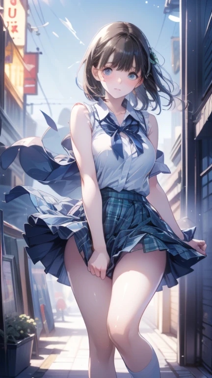 Anime Waifu beautiful detailed eyes, beautiful detailed lips, extremely detailed eyes and face, longeyelashes, 1girl, sensual, young woman, medium breasts, beautiful feminine face, nice thighs, slim, sexy, erotic, beautiful clothes, perfect body, cinematic lighting and framing, (best quality,4k,8k,highres,masterpiece:1.2),ultra-detailed,digital painting,portrait,glamorous,highly detailed,soft lighting,warm color tones a beautiful girl with a ponytail and black hair, smiling shyly with a blush, wearing a black sailor suit and pure white underwear, her skirt blowing in the wind, full body shot, masterpiece, ultra-detailed, cinematic lighting, vibrant colors, soft focus
