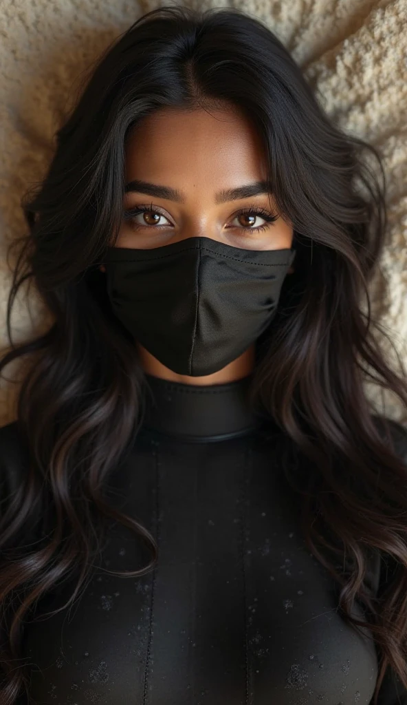 Make me a realistic picture of a black woman, com cabelos cacheados pretos, olhos castanhos, usando um traje de luta preta e roxa, and a mask covering the eyes.