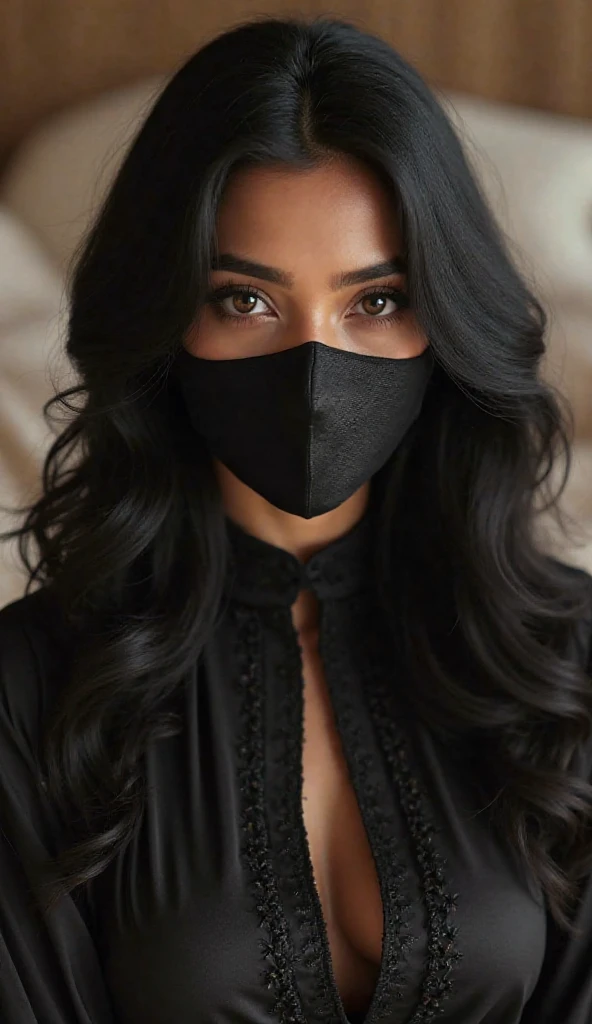 Beautiful face, wearing a face mask, black in colour, eyes lined with kohl, beautiful black eyebrows, hair styled in a fashionable way. Girl photo hd 4k.