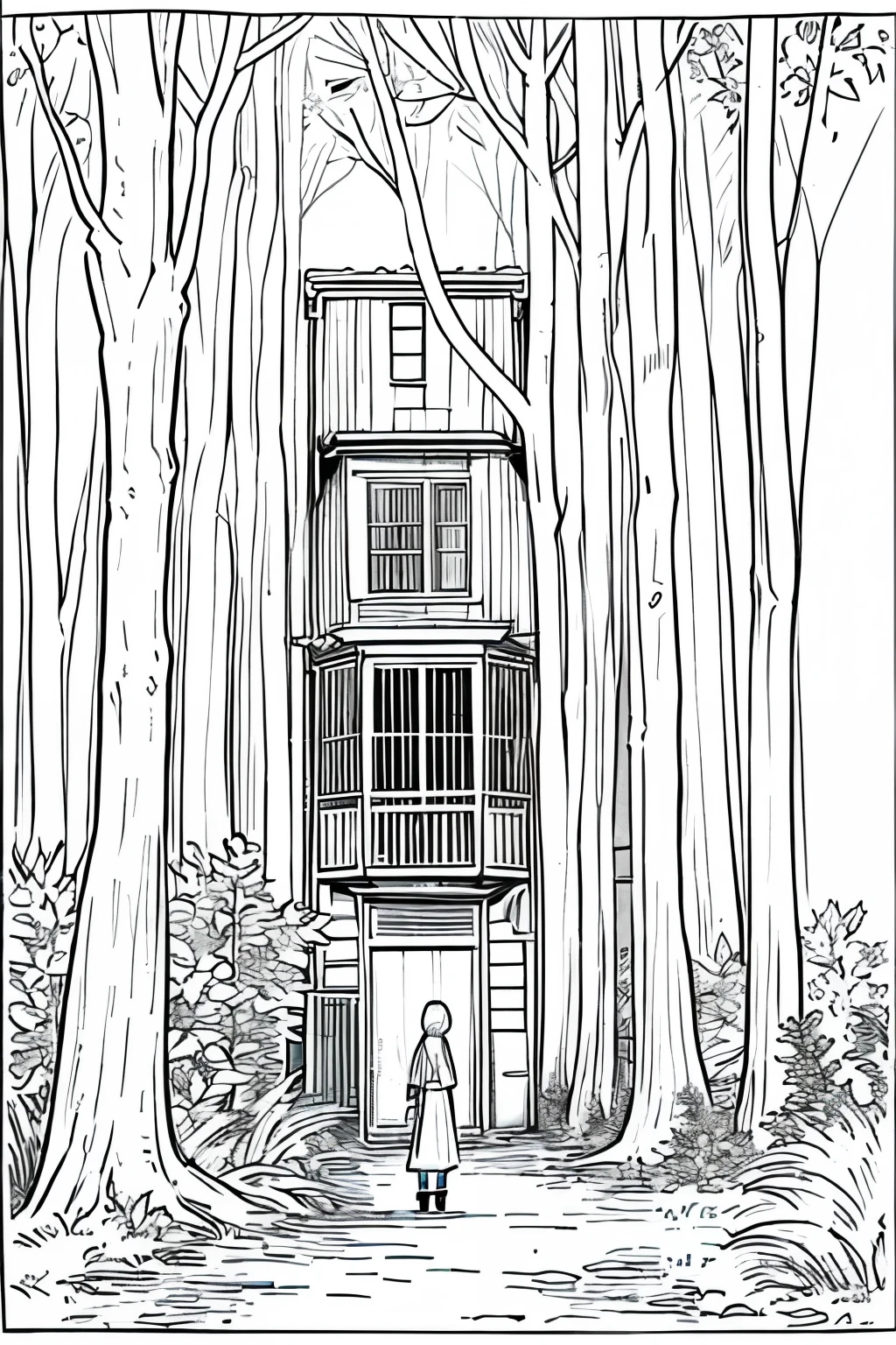 As a coloring book, the colors are black and white, the borders are simple, there is more white space, official art, wallpaper, masterpiece, top quality, crayon texture, highly detailed, lovely, soft touches, ren's picture book style illustrations, (drawings).　((the factory standing in the woods、The person who hangs the net々、Budori with an exhausted expression。Lifeless、Somewhat eerie atmosphere。))