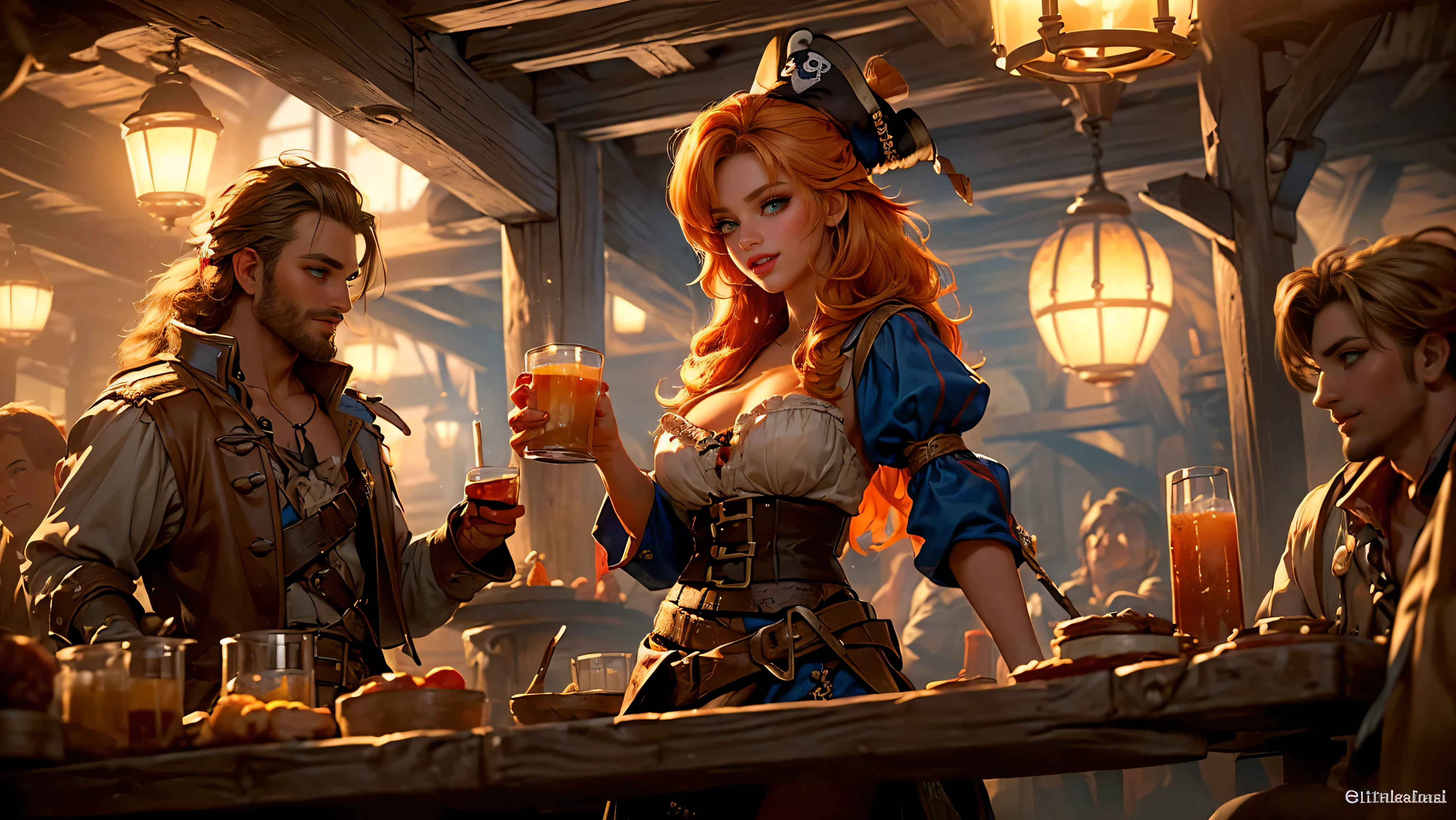 ((tavern and brothel filled with men)), ((1 redheaded tavern wench serving drinks to old pirates)), ((messy hair, orange hair)), ((1 serving girl)), ((solo girl)), ((ager)), ((li)), ((lirl)), ((Smiling)), ((little)), ((dark tan skin)), ((cute girl)), ((she is serving the pirates)), ((pirates are lusting after the girl)), ((pirates are large burly men)), ((pirates have dark hair)), ((men have blonde hair)), ((men wearing pirate cloths)), ((unshaven pirates)), ((she walks to the tables carrying tankards)), ((the men can't help but stare at her beauty as she walks by)), old tavern, pirate tavern, pirates holding and drinking tankards of ale,