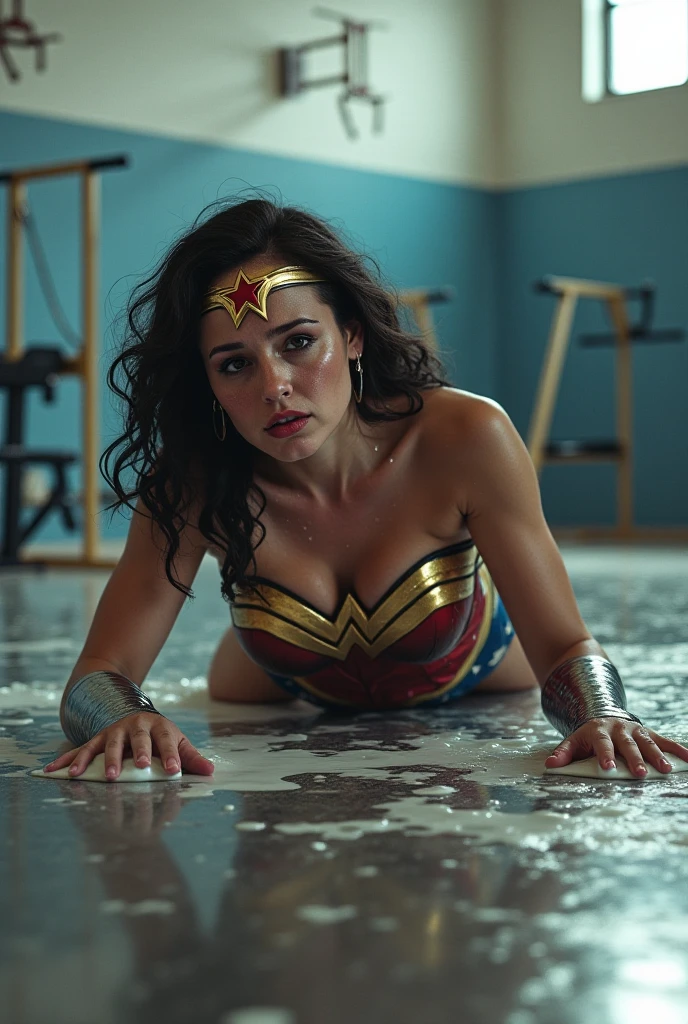 Wonder Woman tied and trapped inside a small glass box, restraint, hopeless, (wet body:1.2),