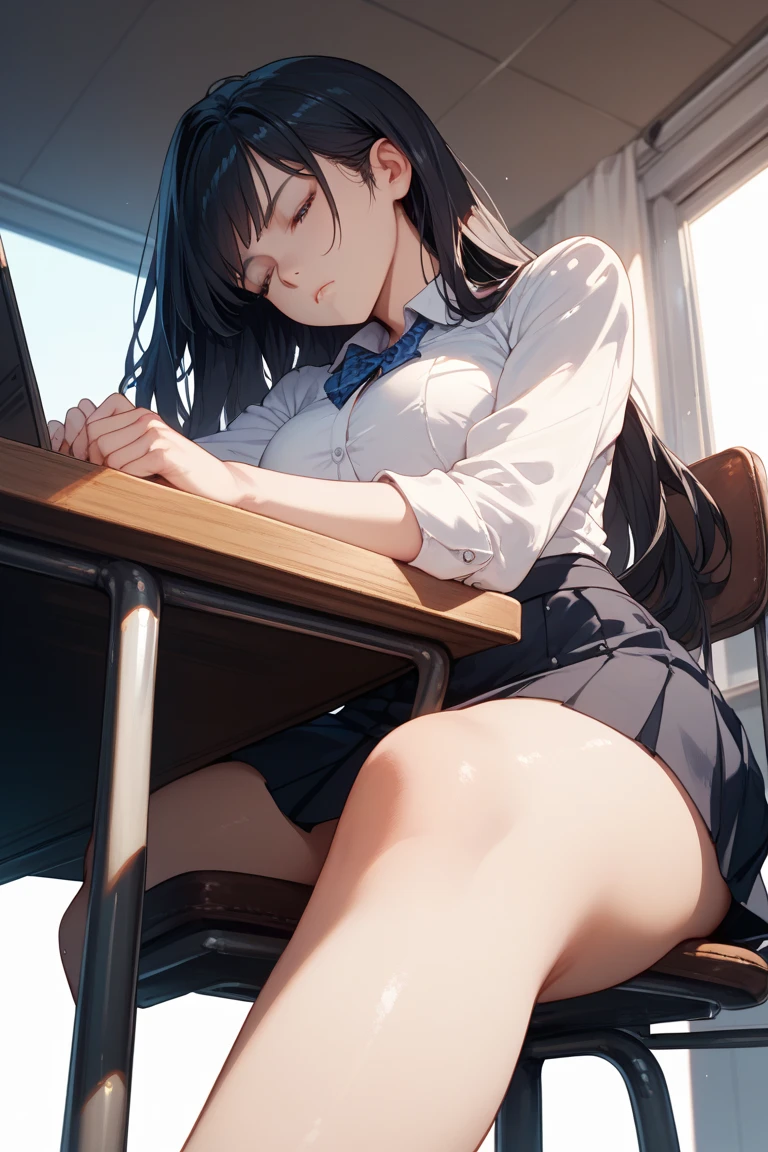 ((masterpiece,Highest quality:1.3,best quality illustration)),realistic,BDSM,is pov,from back,spanking,cowboy shot,1woman,(20 year old beauty),((very small head:1.4)),ideal ratio body proportions,dark blue hair,straight long hair,bangs,black eyes,gorgeous big eyes,sad,tears、((tan skin,skinny)),(White collared shirt、Long sleeve、Black pleated mini skirt)),medium breasts,gleaming skin,slender body,sweat:1.3,is, anal,vagina,spread legs:1.2,Simple office、Simple chair、Simple desk,Shinjuku、Tokyo、nsfw,
