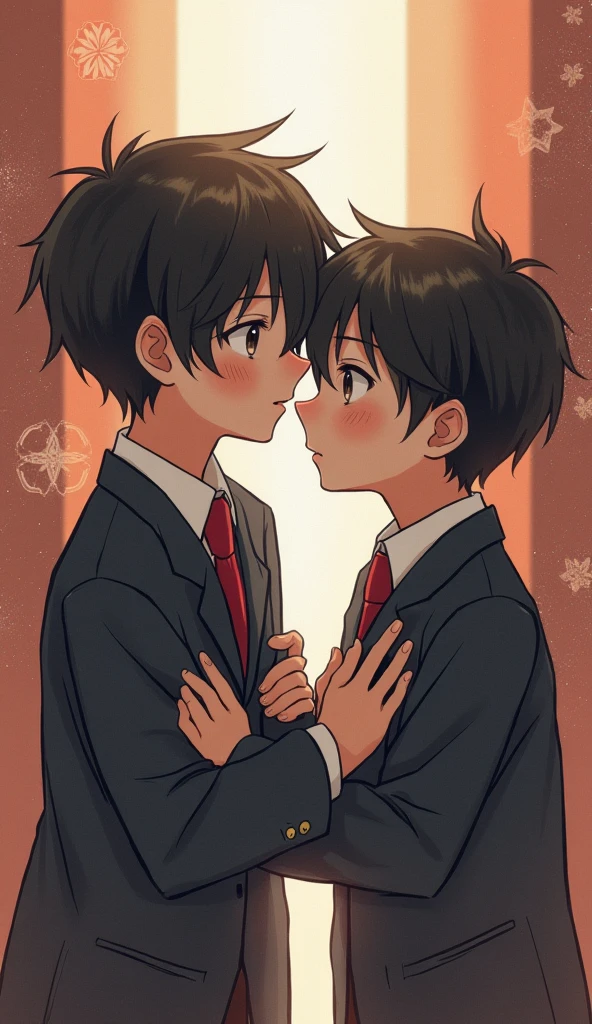 Two young boys stand at the school gates on their last day of high school. They share a tight, emotional hug, with a mix of excitement and sadness in their expressions, signifying a deep, lasting friendship.
