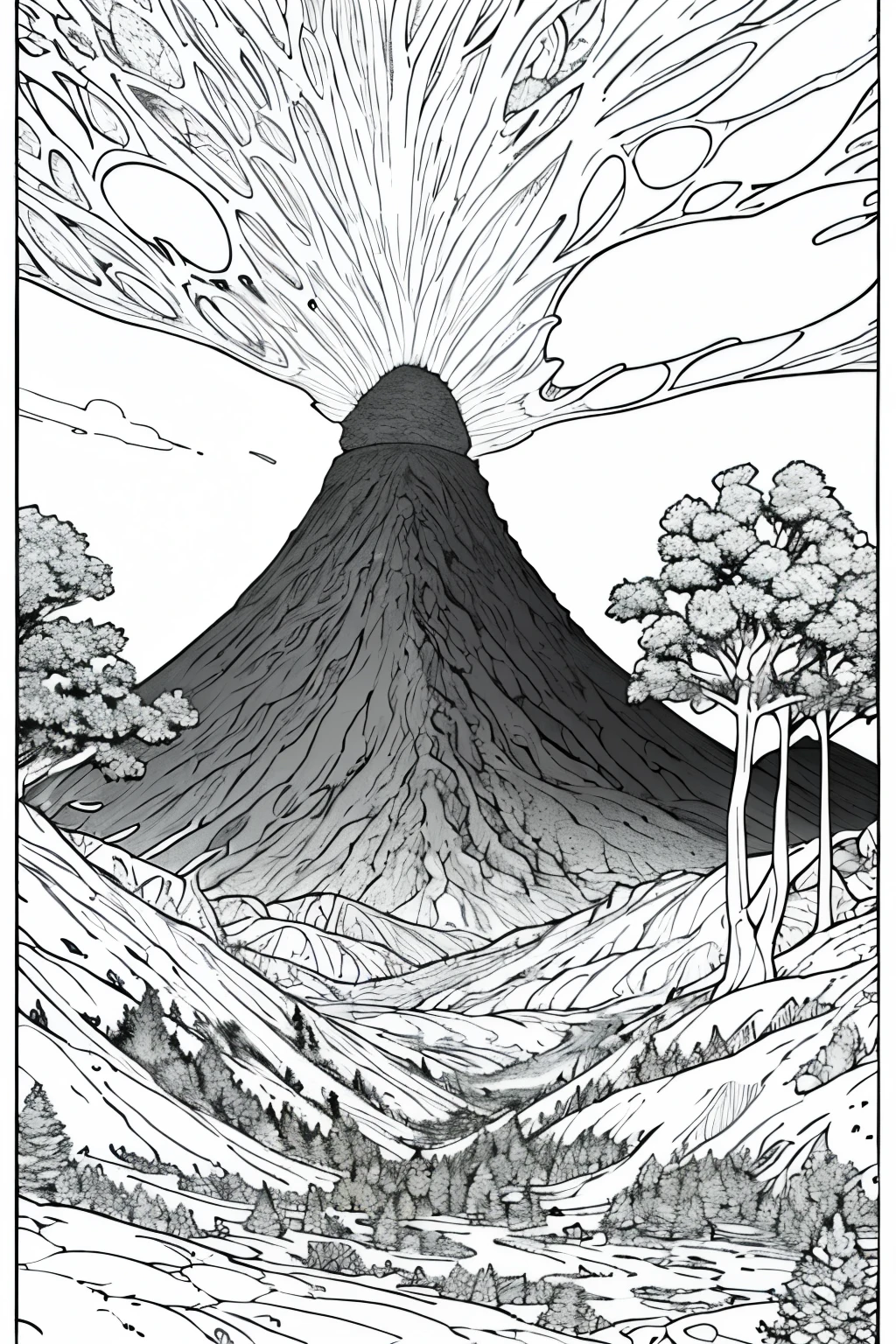 As a coloring book, the colors are black and white, the borders are simple, there is more white space, official art, wallpaper, masterpiece, top quality, crayon texture, highly detailed, lovely, soft touches, ren's picture book style illustrations, (drawings).　((Grey-dyed Forest、Volcanic Ash Piling Up、 escapist々。Natural Rage。))
