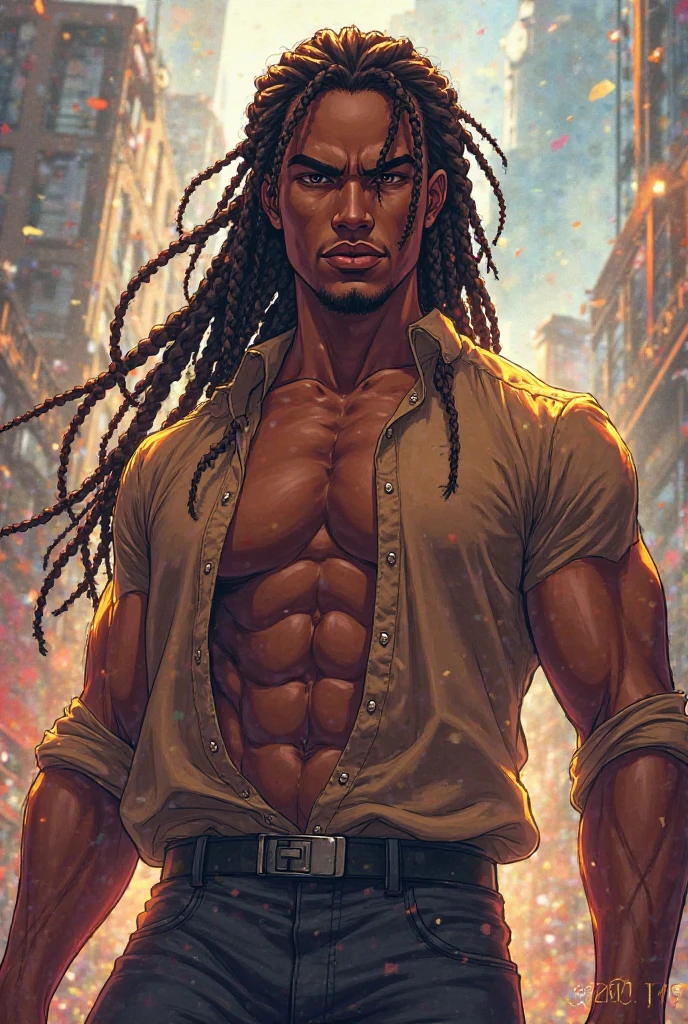 (meilleure qualité 4K ),original, 1 homme,  Un bel homme à la peau foncée black , Homme afro-américain aux cheveux naturels, cheveux courts noir , coupe à la mode, nez ;ébène, reel , grand, masculin, vêtu de vêtements urbains bleus et un jean , le style est une beauté abstraite, Sundaratang, illustrations de personnages charmants, folklore , de 22ans 