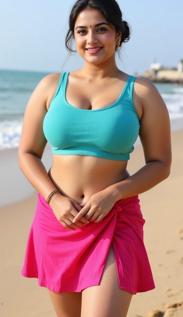 Indian beautiful woman sexy curvy plus size model wearing modern diferrent color sari front facing to camera in standing position, curvy plus size figure,big m-cup breasts, side bun hairstyle, bright eyes, thin eyebrows, fair skin, blushing cheeks, prefect curvy body, head to thigh view,beautiful sea beach background