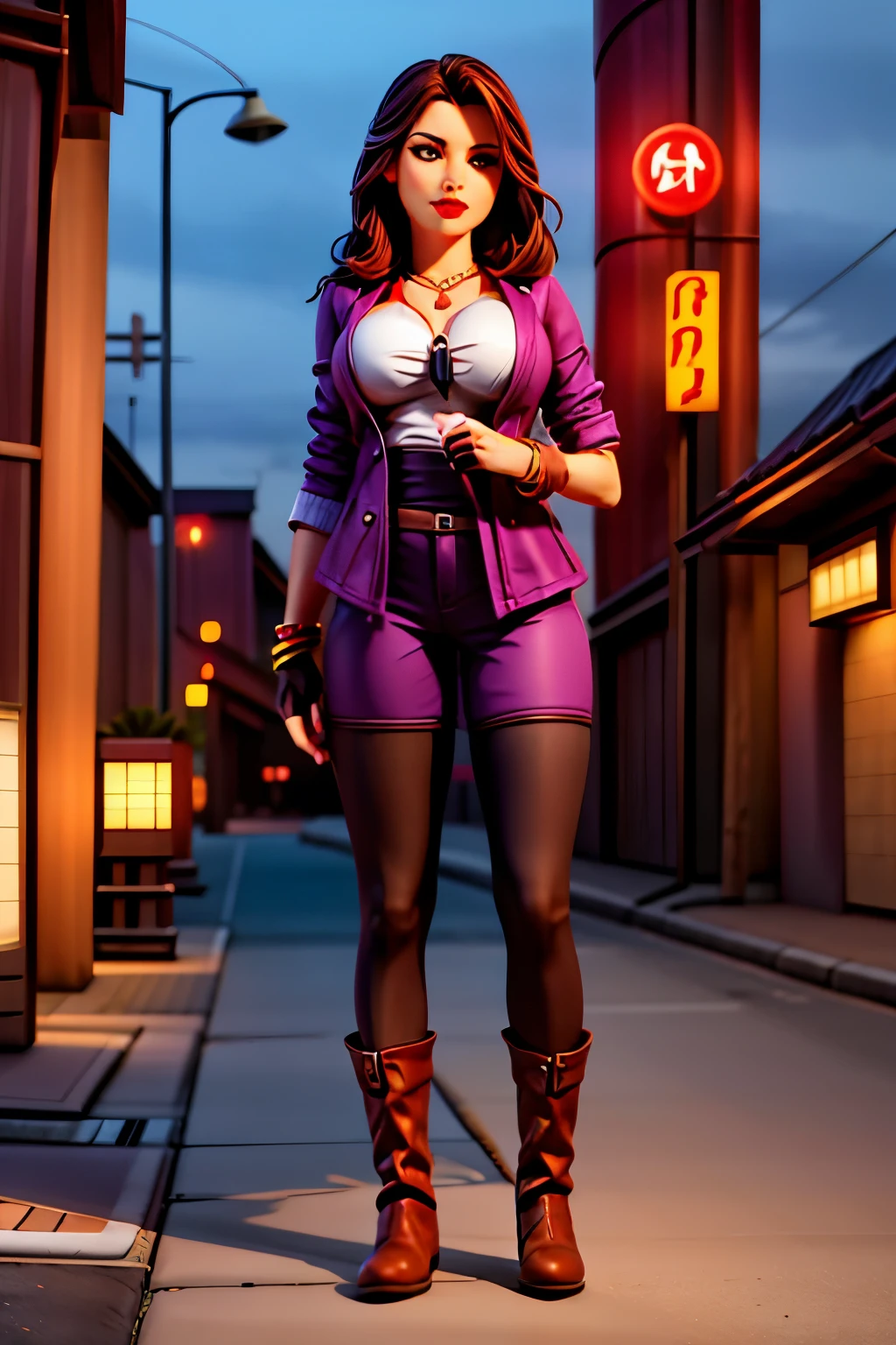 The woman, purple jacket, shirt, tie, pantalo largo, botas hasta la rodilla, socks, black stockings, (((fingerless gloVes,bracelet))), high boots,japan streets, streetm neon lights, Dark,night, night))), very detailed, Realistic long-term photography, 4k, long hair, brown hair, By the chestnut, red lips, necklace, shocks, sexy,red lips, brown eyes, big breasts , big breasts, breasts , Lucia Auditore)))