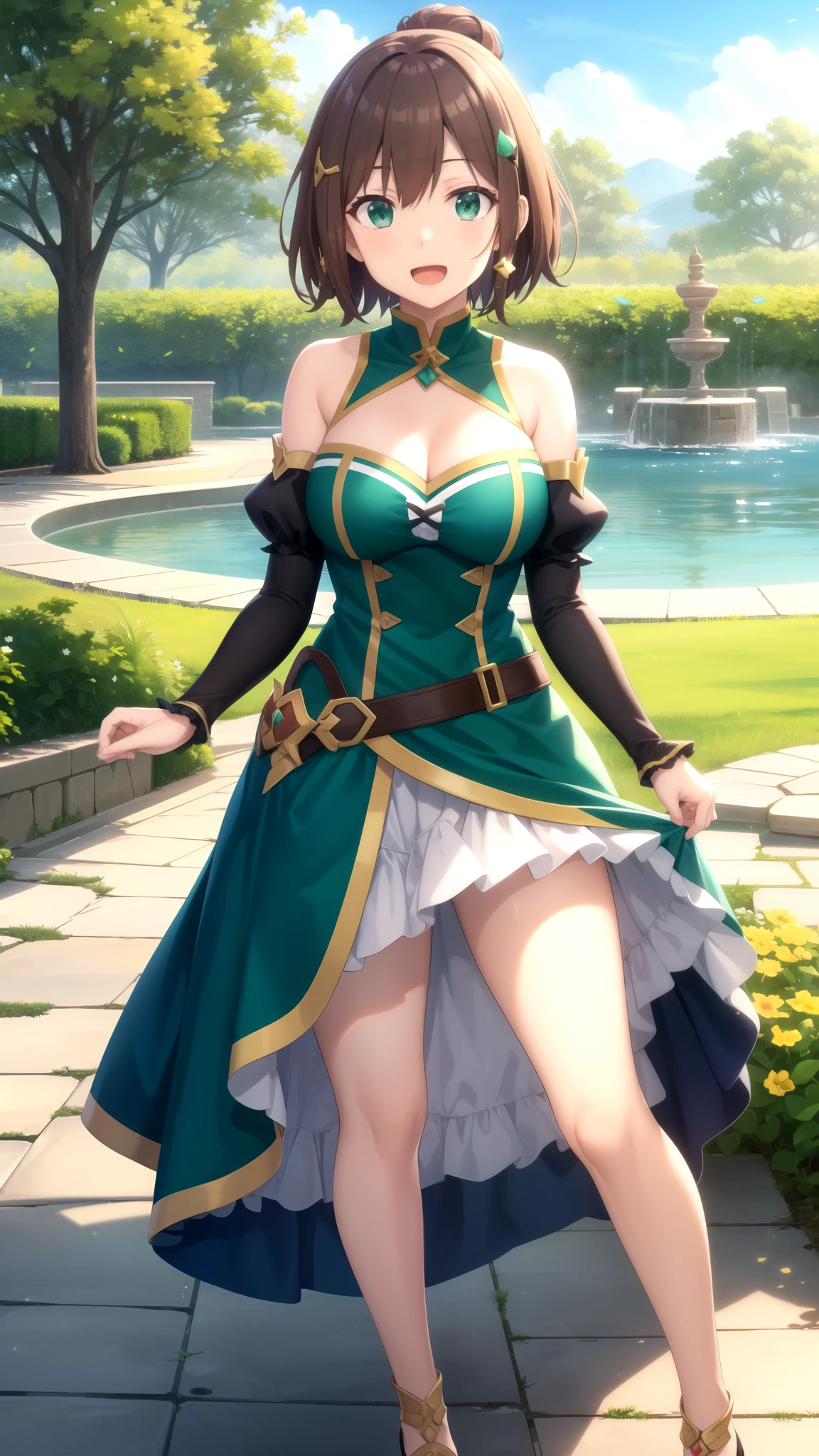 Masterpieces, Best Quality, girl, looking at viewer, kazuma satou, short hair, brown hair, green eyes, large breasts, princess connect Re:Dive cosplay, princess Dress, standing, smile, open mouth, outdoors