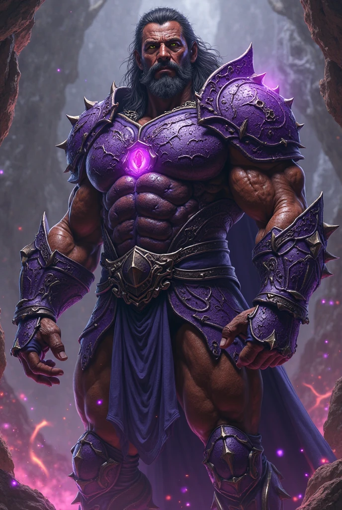 A mage’s hands are raised, shaping two spirals of purple, arcane magic around himself. He is an absolute muscle monster, 20 years old short hair and stubble. Obscenely wide shoulders and traps. Very defined ‘V’ body shape with a narrow waist. Well defined six pack. Exceptionally hairy chest. Thick gold bands and choker