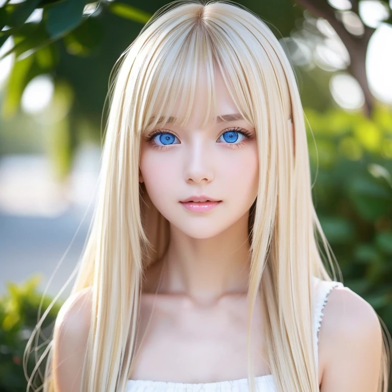 Exceptional sexy beauty、Beautiful calm and bright expression、sexy refreshing look、Perfect beautiful cute face with long bangs、Super long shiny platinum blonde straight hair、beautiful face hair、Very cute beautiful sexy young little woman、very perfect beautiful cute face、Large, bright, light blue eyes that shine beautifully、very big eyes、small face beauty